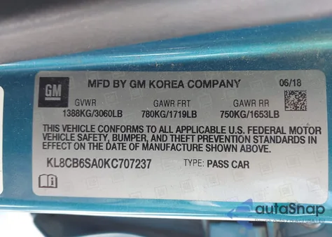 2019 Chevrolet Spark Ls Cvt из США, поврежденный, VIN KL8CB6SA0KC707237